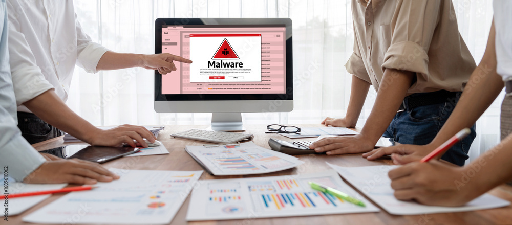Aufkleber cyber attacking concept. malware alert showing on computer screen display scam and threat detection 