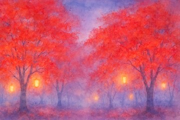 Twilight Glow Through Scarlet Leaves