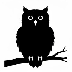 A silhouette of an owl with large eyes perched on a branch against a white background in a simple design created with generative ai