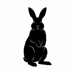 Silhouette of a rabbit standing upright with long ears and fluffy fur in a black and white illustration created with generative ai