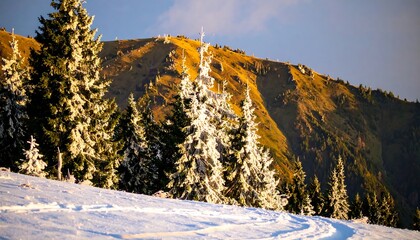 Snowy mountain ridge at sunset