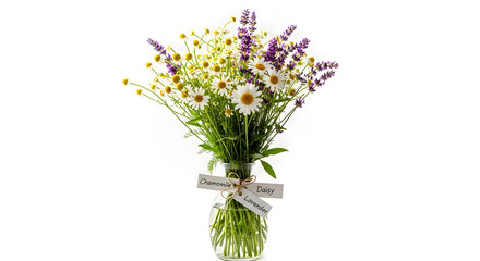 Obraz premium Bouquet of Chamomile and Lavender Flowers in a Glass Vase with a Ribbon