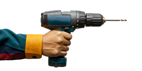 Hand holding teal and gray cordless drill isolated on a transparent background power tool