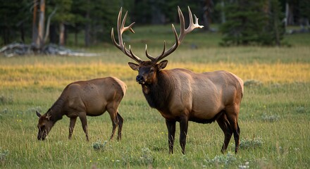 Majestic Elk and Cow Grazing in a Green Field.