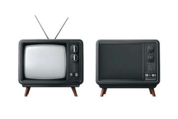 Two vintage television sets, side-by-side, in a classic retro style. Black chassis, wooden legs, empty screens