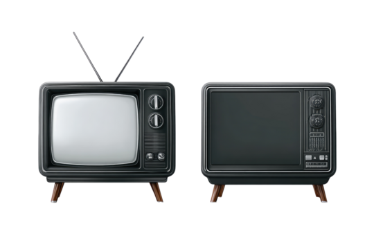 Two vintage television sets, side-by-side, in a classic retro style.  Black chassis, wooden legs, empty screens
