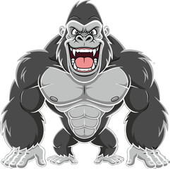 Cartoon gorilla illustration, muscular ape, aggressive pose, vector animal, strong character, wild beast, comic style, jungle theme, stock image