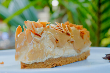 Delicious caramel cheesecake slice with almond flakes on a white plate, perfect dessert treat