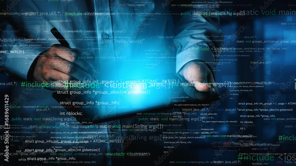 Poster a programmer uses a tablet surrounded by dynamic digital code, illustrating the fusion of technology