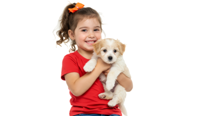 Little Cute Girl Holding Her Pet Puppy isolated on white transparent background, PNG 