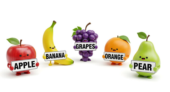 Playful and colorful anthropomorphic fruits, including apple, banana, grapes, orange, and pear, featuring their names, offer a fresh, healthy, and engaging visual on a clean white background