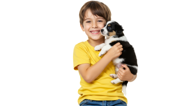 Little Boy Hug His Puppy Pet isolated on white transparent background, Kid With Dog PNG 