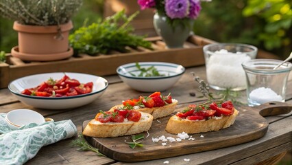 Delicious bruschetta topped with roasted red peppers served on rustic wooden table in a vibrant garden setting