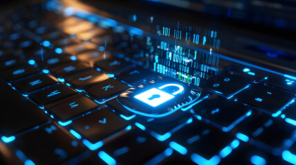 a glowing digital lock icon floating over a laptop keyboard in a dark office environment, blue lighting, futuristic and secure, ideal for tech ads, 16:9