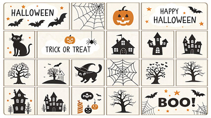 A collection of halloween themed images with bats cats pumpkins and haunted houses in a grid pattern