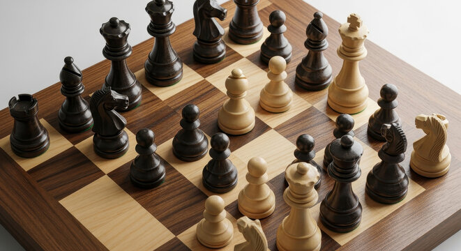 Strategic Battle on a Wooden Chessboard Intense Game of Chess Unfolding Piece by Piece