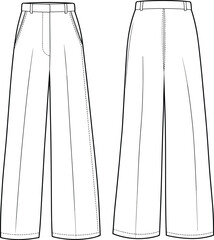 Wide-leg trousers sketch, technical fashion illustration, front and back view, high waist pants, vector template, garment design, pleated detail