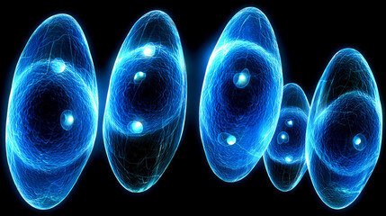 Vibrant blue glowing orbs representing energy dynamics in a dark background during an abstract scientific exploration