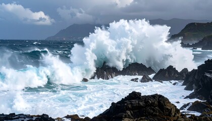Powerful waves crashing on rocky shore