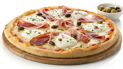 Buffalo mozzarella and olive pizza topped with prosciutto served on a wooden board