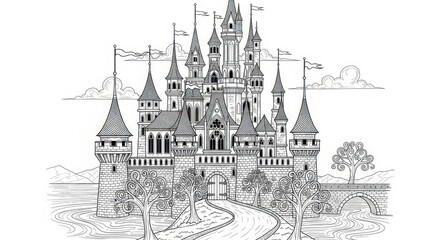 Obraz premium Ornate Fantasy Castle Surrounded by Lush Trees and Buildings in the Distance