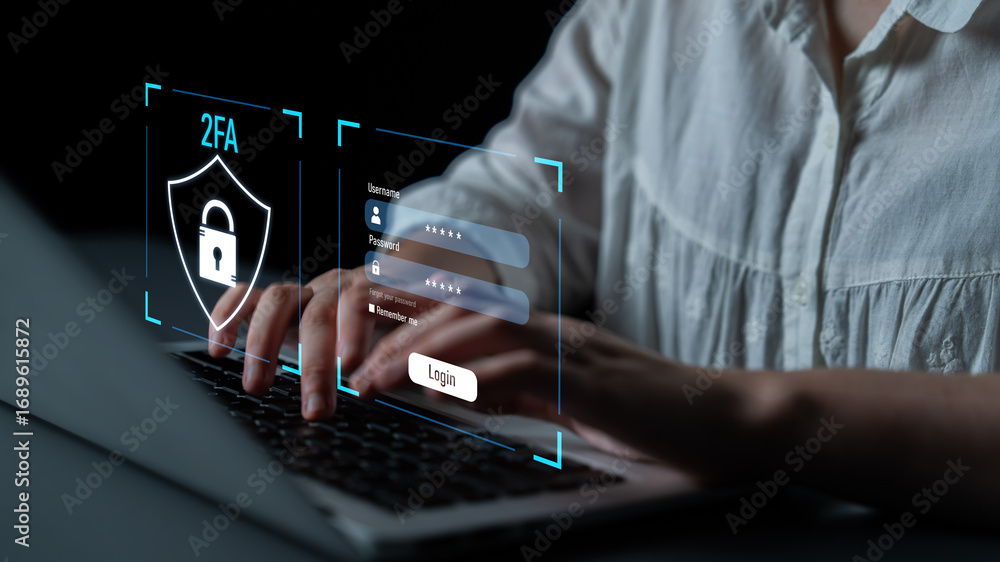 Poster two-factor authentication strengthens login system security. adds protection, two-factor authenticat