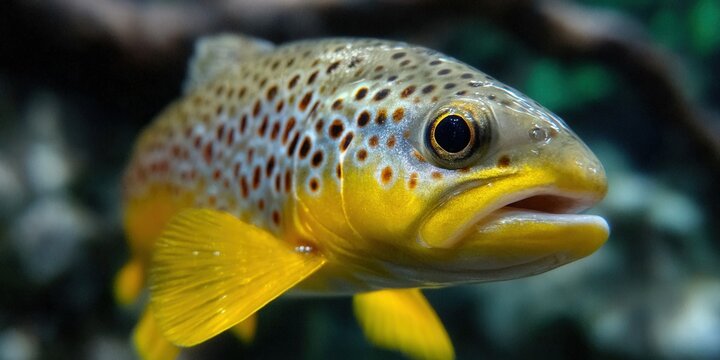 A stunning close-up portrait of a vibrant brown trout swimming in the water.