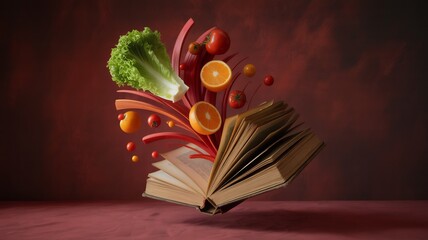 A surreal composition of fresh vegetables and fruits emerging from an antique open book, symbolizing knowledge and healthy eating