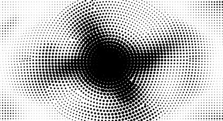 Black and White Halftone Dot Swirl Pattern – Abstract Optical Illusion Design with Dynamic Radial Gradient for Vintage Posters, Pop Art, Graphic Design, and Visual Effects