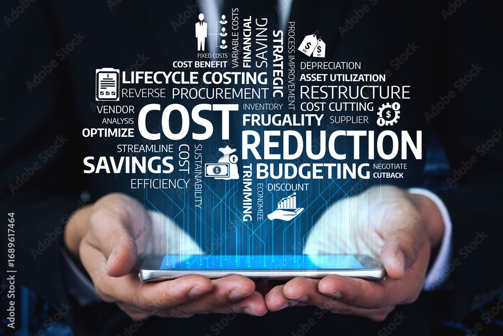 Poster business professionals focus on cost reduction and budgeting using modern technology. the image illu