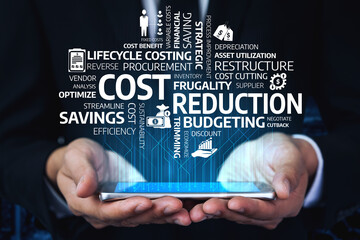 Business professionals focus on cost reduction and budgeting using modern technology. The image illustrates key concepts for financial optimization and efficiency. Tessel