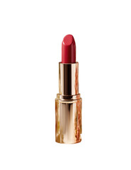 A lipstick in a rose-gold, ornate tube.  The lipstick is a vibrant, medium-toned red-pink