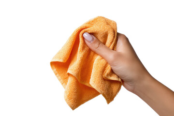Close-up of a hand holding an orange cleaning cloth