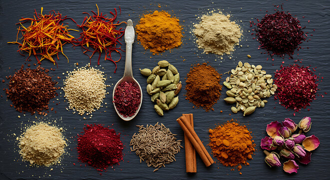 "A flat lay of colorful Middle Eastern spices on a dark stone background. Includes saffron, sumac, cumin seeds, coriander, turmeric, cinnamon, and dried rose petals. Artistic and cultural, with strong