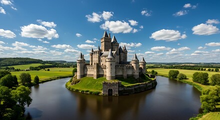 Fototapeta premium Majestic Castle Surrounded by a Serene Moat and Lush Greenery.