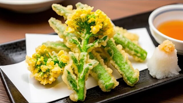 Delicious Japanese tempura with canola flower and dipping sauce served on a black plate.