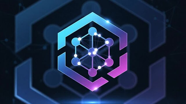 Geometric logo features a hexagon with connected spheres gradient bluetopurple color scheme and digital network backdrop