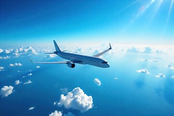 High-flying jetliner soars through a brilliant, cloudless sky The vibrant blue expanse showcases a stunning aerial view of clear skies and effortless flight , bright, sunlight