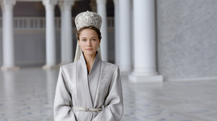 Elegant woman in traditional ceremonial attire with ornate headdress standing in grand marble hall, symbolizing cultural heritage, timeless beauty, and royal-inspired fashion expression