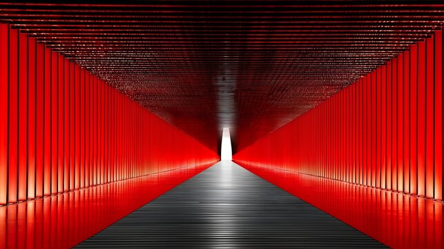 Cyberpunk-Style Red Tunnel, Linear LED Strips and Reflective Floor, Futuristic Interior Design Background.Generative AI