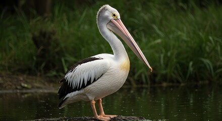 Pelican standing near the water in natural environment.