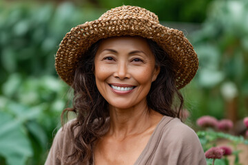 Smiling mature woman in straw hat enjoying time in a lush green garden, radiating natural beauty, joy, and connection with nature, representing healthy lifestyle and outdoor wellness
