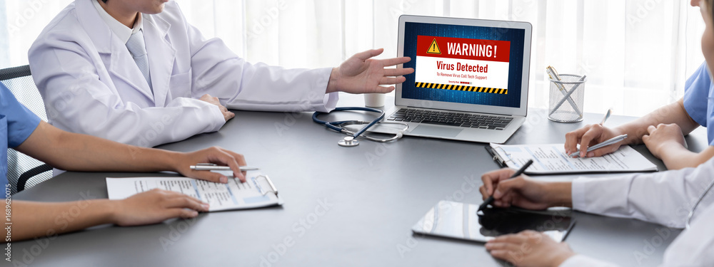 Poster virus warning alert on computer screen detected brisk cyber threat , hacker, computer virus and malw