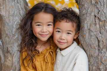 Adorable young siblings hugging between trees during autumn, smiling warmly in cozy fall clothing, capturing childhood love, family connection, and the beauty of seasonal outdoor moments