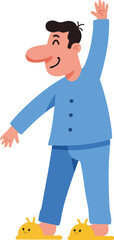Fototapeta premium Man Wearing Blue Pajamas and Yellow Slippers Stretching in Morning Routine Vector Illustration 