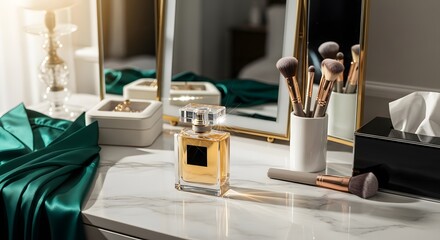 Luxury vanity table with perfume bottle makeup brushes and emerald green silk robe for beauty bloggers