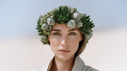 Beautiful woman wearing a natural succulent flower crown looking calmly into the camera, captured in soft daylight, symbolizing eco-conscious beauty, serenity, and botanical elegance