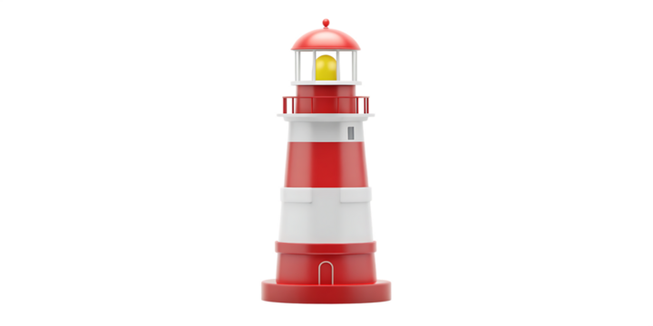 Red and white striped cartoon lighthouse with yellow light isolated on a transparent background