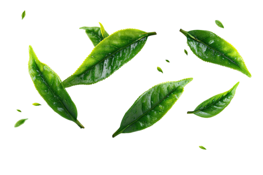 Fresh tea leaves, vibrant green,  flying,  isolated on black