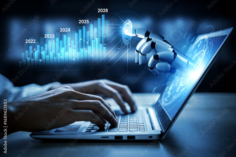 Poster ai-generated image showing data-driven projection of business performance trends across five years u